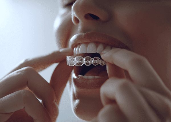 Patient placing an Invisalign clear aligner, Dr. Chelsea Mason Dental, Bay City, MI