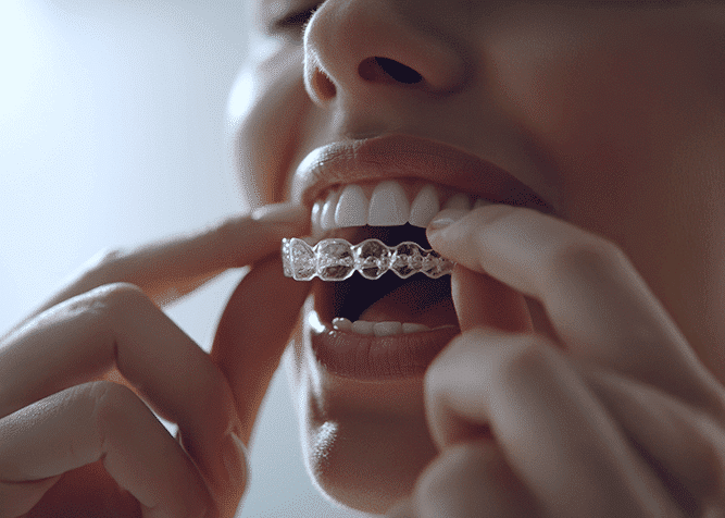 Patient placing an Invisalign clear aligner, Dr. Chelsea Mason Dental, Bay City, MI