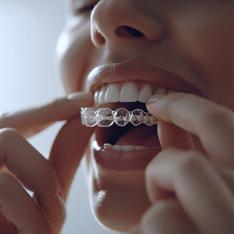 Woman inserting clear Invisalign aligner into her mouth, showcasing orthodontic treatment for teeth straightening.
